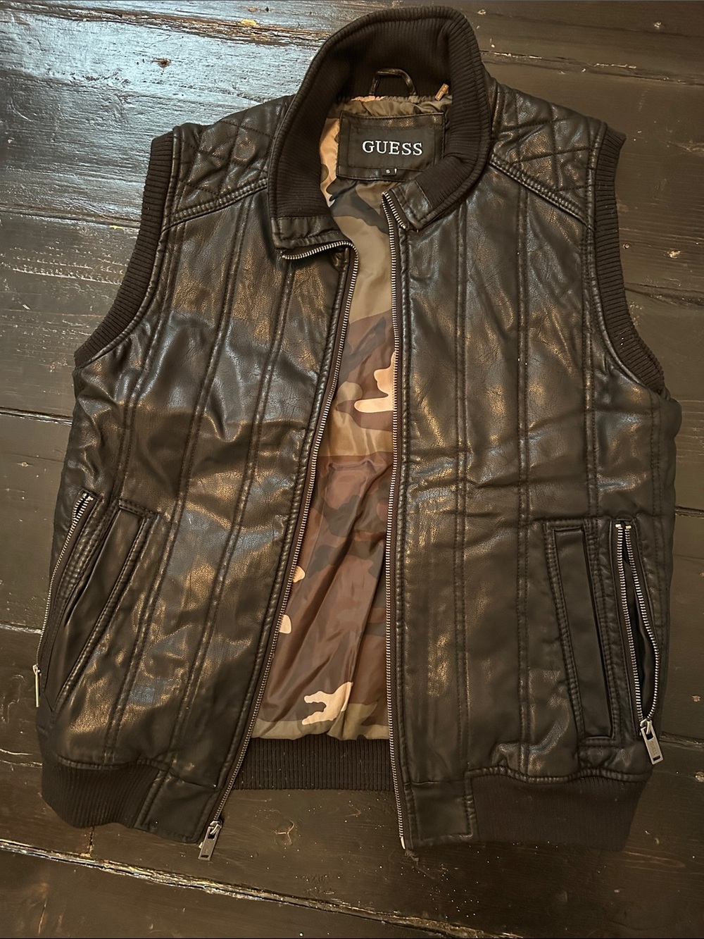 GUESS Black Quilted Faux-Leather Vest with Camo Lining